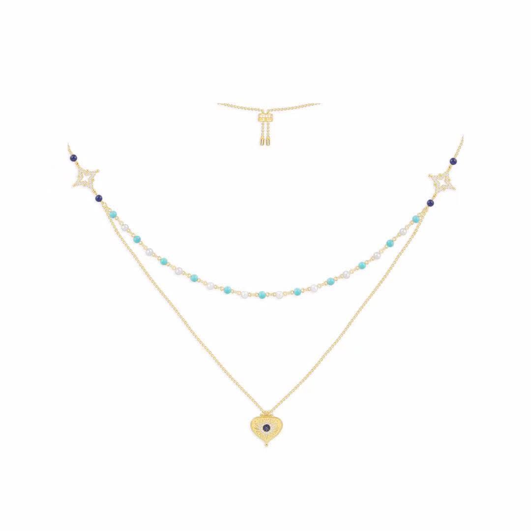 APM Monaco Elegant Double Layered Gold Plated Necklace with Turquoise and Pearl Beads